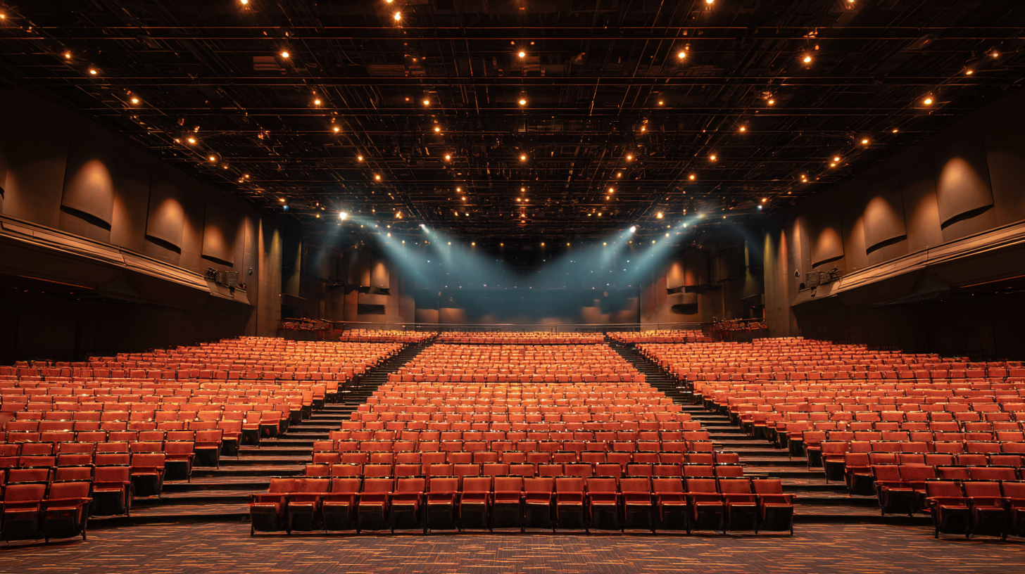 Auditorium with tiered seating facing a lit stage